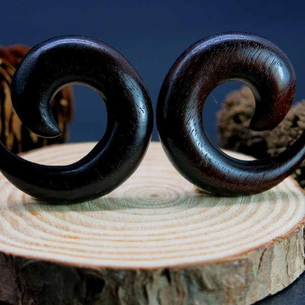 Black Wood Long Spiral Tapers Ear Stretching. Custom Wood Ear Spirals for Hanging. Handmade Wood Spiral Earrings. Wood Ear Spiral Gift Idea