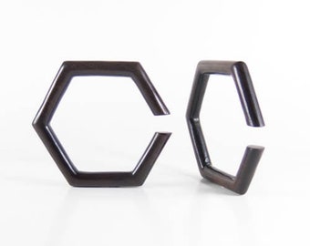Black Wood Hexagon Ear Weights: Hand Carved Hoop Hangers