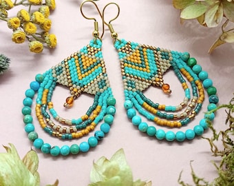 Boucles d'oreilles turquoise en perles à motif ethnique - boucles d'oreilles avec turquoise et ambre - fait main - bohème chic - boucles d'oreilles à franges