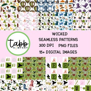 May include: A collection of digital seamless patterns with a "Wicked" theme. The patterns feature various illustrations, including witch hats, characters, and text. The image also includes the text "Tabb Company" and "15+ DIGITAL IMAGES."