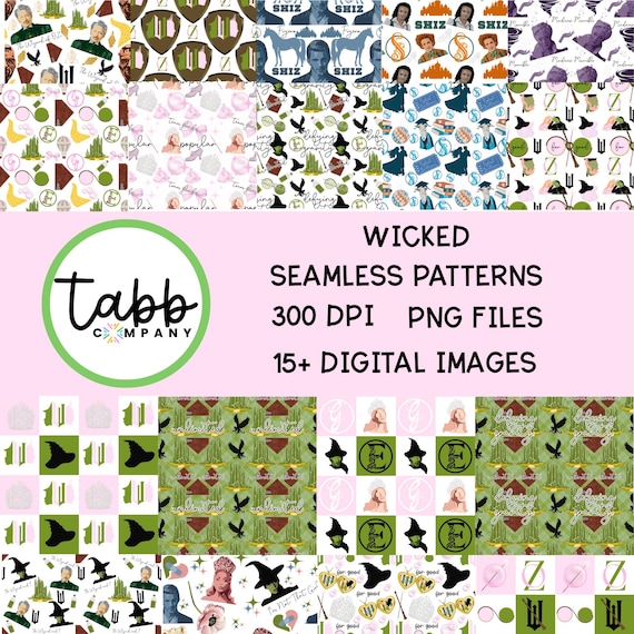Wicked Movie Seamless Pattern Bundle: Pink & Green PNG Designs (Digital Download