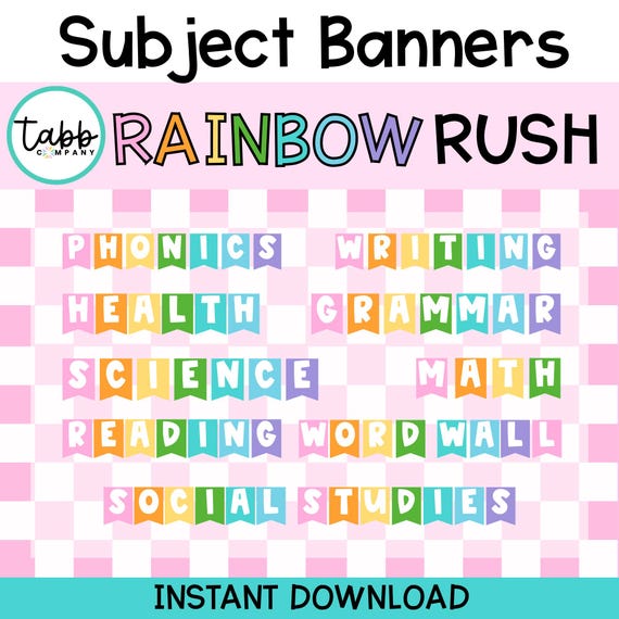 Rainbow Classroom Subject Banners: Printable Wall Decor (PDF Download 8.5x11 inches)