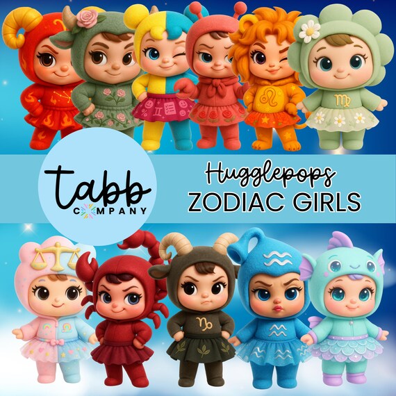 HUGGLEPOPS Zodiac Girls, Digital Clipart, Clipart Bundle, Zodiac png, Cute Clipart, Clipart, Printables, Stationery