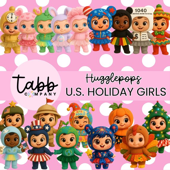US Holiday Girls Clipart Bundle: Hugglepop Onesie Characters (Digital Download)