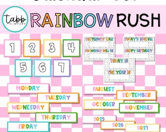 Set di calendari per la classe arcobaleno: decorazioni stampabili per la scuola elementare (download PDF)