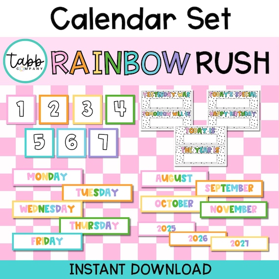Rainbow Classroom Calendar Set: Printable Elementary Decor (PDF Download)