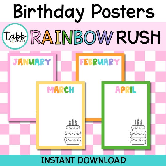 Rainbow Birthday Posters: Classroom Bulletin Board Decor (PDF/PNG Files)