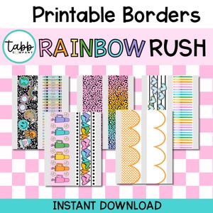 May include: Printable borders featuring diverse designs such as leopard print, hearts, and colourful patterns. The text "RAINBOW RUSH" and "INSTANT DOWNLOAD" are visible. The borders are set against a pink and white chequered background.