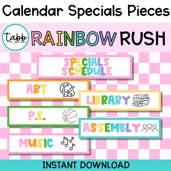 Rainbow Classroom Schedule Labels: Printable Calendar Specials (PDF Download)