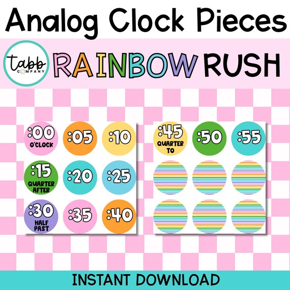 Rainbow Clock Minute Markers: Classroom Decor Printable (PDF Download