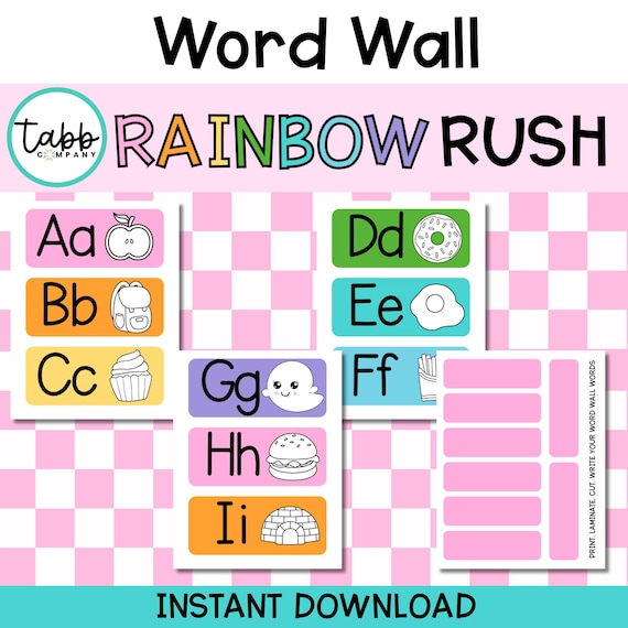Rainbow Classroom Word Wall: Alphabet Posters, Picture Cues (PDF Download)
