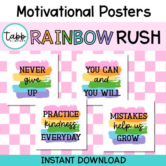 Rainbow Motivational Classroom Posters: Positive Decor (PDF/PNG Files)