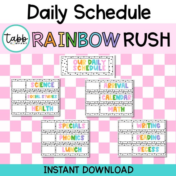 Rainbow Classroom Schedule Posters: Bulletin Board Decor (Printable PDF Download)