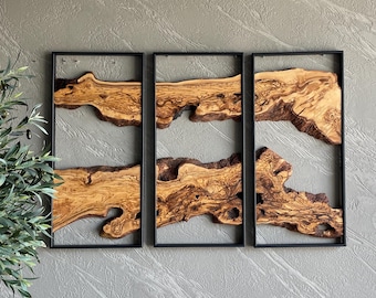 Set of 3 Olive Wood and Metal Wall Art – Handmade Rustic Wooden Decor