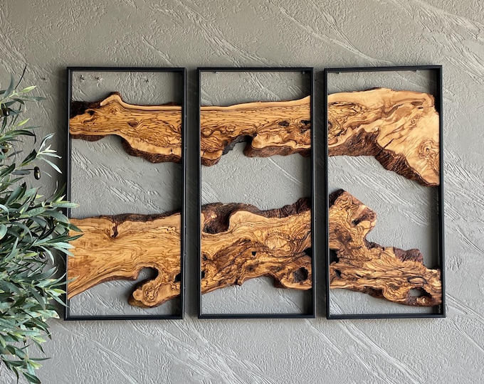Set of 3 Olive Wood and Metal Wall Art – Handmade Rustic Wooden Decor