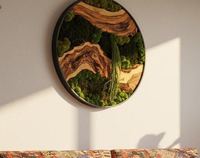 Moss Wall Art Olive Wood Decor, Handmade Biophilic Moss Panel, Rustic Home Office Gift
