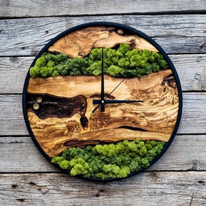 Reloj de pared de madera - Arte de musgo, Reloj de pared de musgo, Arte de musgo con madera, Decoración de pared única, Regalo para casa nueva
