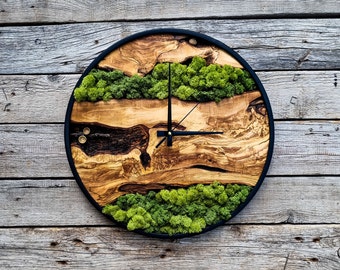 Wood Wall Clock-Moss Wall Art, Moss Art, Moss Wall Clock, Moss Art With Wood, Unıque Wall Decor, New Home Gift