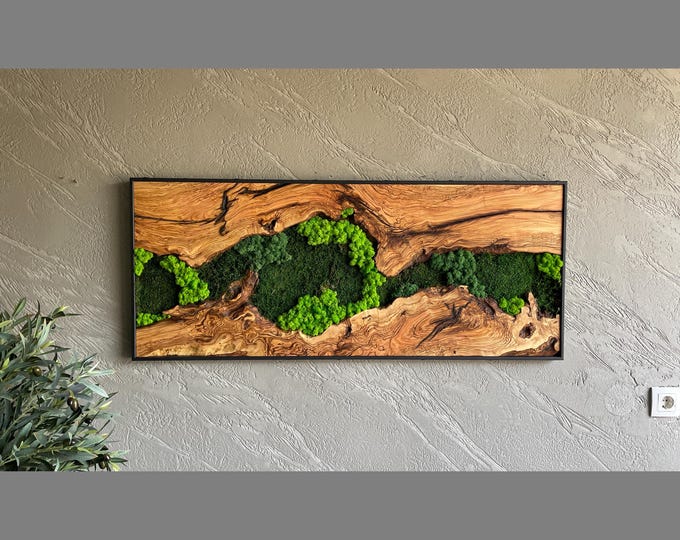 Moss and Wood Wall Art, Natural Wood & Moss Wall Decor for Home, Rustic Greenery Decor