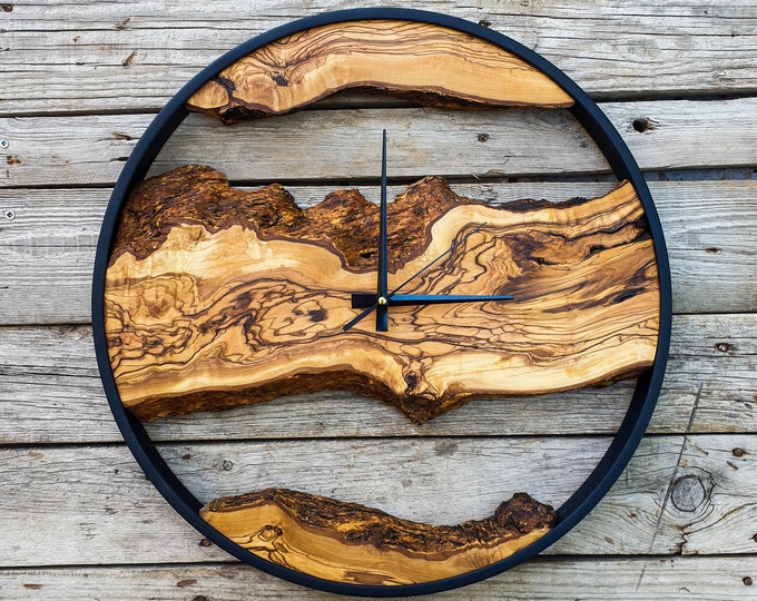 Bespoke Natural Wood Clock, Bespoke Olive Wood Wall Clock, Large Metal Wall Clock, Wood Art, Farmhouse Clock, Custom made christmas gift