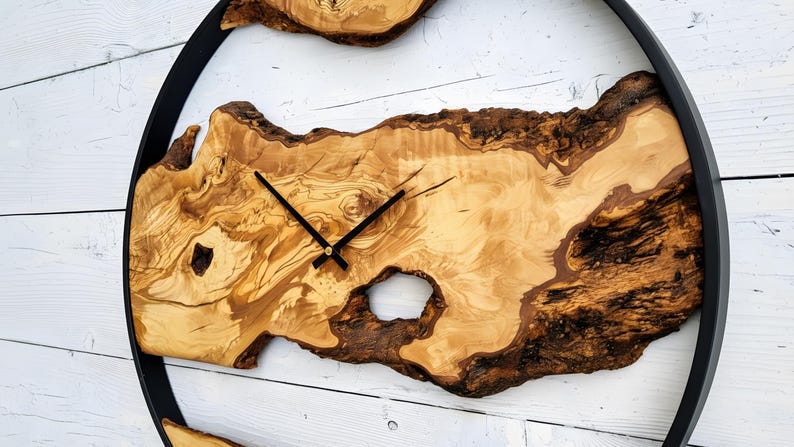 Large Live Edge Olive Wood Wall Clock, Black Metal Frame, Custom Rustic ...