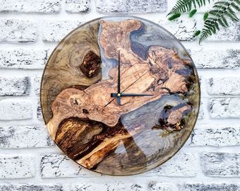 Resin & Olive Wood Wall Clock, Epoxy and Wood Wall Clock, Unique Handmade Wall Decor