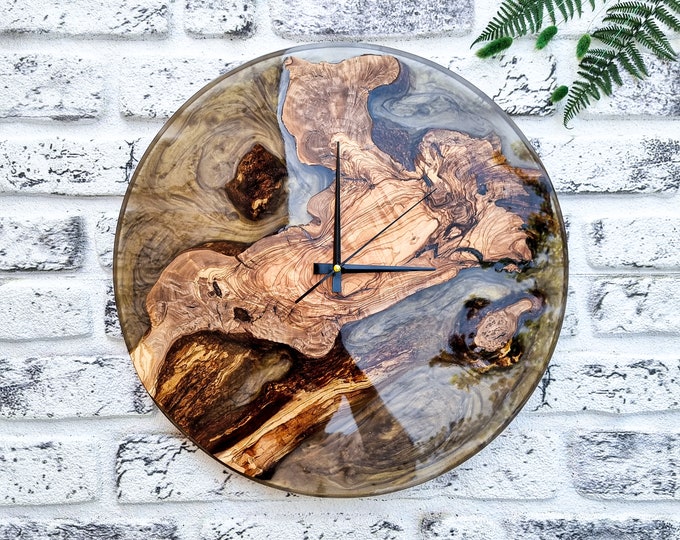 Resin & Olive Wood Wall Clock, Epoxy and Wood Wall Clock, Unique Handmade Wall Decor