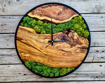 Custom Moss Olive Wood Wall Clock-Moss Clock For Wall, Metal Wooden Wall Art, Wooden Wall Clock with Moss, Unique Wall Clock, New Year Gift