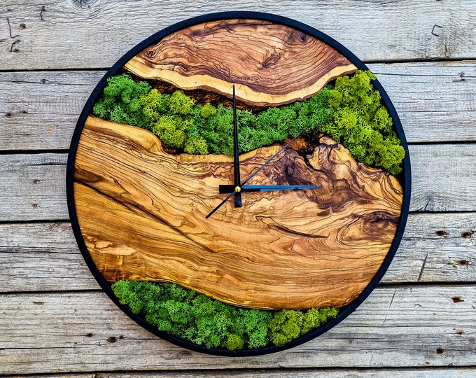Custom Moss Olive Wood Wall Clock-Moss Clock For Wall, Metal Wooden Wall Art, Wooden Wall Clock with Moss, Unique Wall Clock, New Year Gift