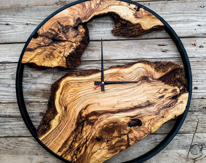 Olive Wood Wall Clock, Farmhouse Clock, Unique Wall Clock, Large Wall Clock, Live Edge Clock, Wooden Wall Art, Gift For Him