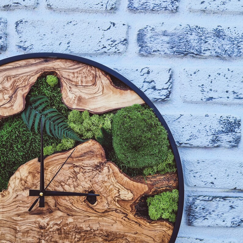 Olive Wood Moss Wall Clock: Natural Home Decor - Etsy