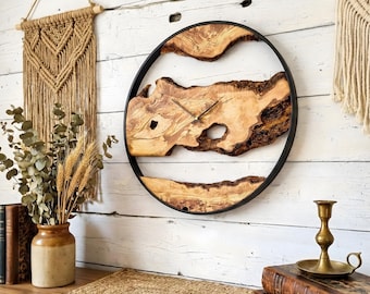 Large Live Edge Olive Wood Wall Clock, Black Metal Frame, Custom Rustic Farmhouse Decor, Oversized Industrial Art, Unique Housewarming Gift