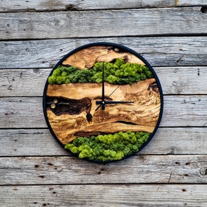 Wood Wall Clock-Moss Wall Art, Moss Art, Moss Wall Clock, Moss Art With Wood, Unıque Wall Decor, New Home Gift