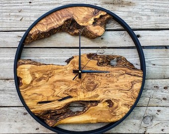 Wooden Wall Clock with Metal Frame, Wooden Wall Clock in Olive Wood, Large Wooden Wall Clock, Live Edge Rustic Clock, Wooden Wall Art, Gift