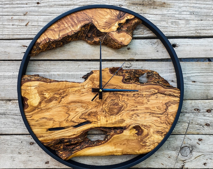 Wooden Wall Clock with Metal Frame, Wooden Wall Clock in Olive Wood, Large Wooden Wall Clock, Live Edge Rustic Clock, Wooden Wall Art, Gift