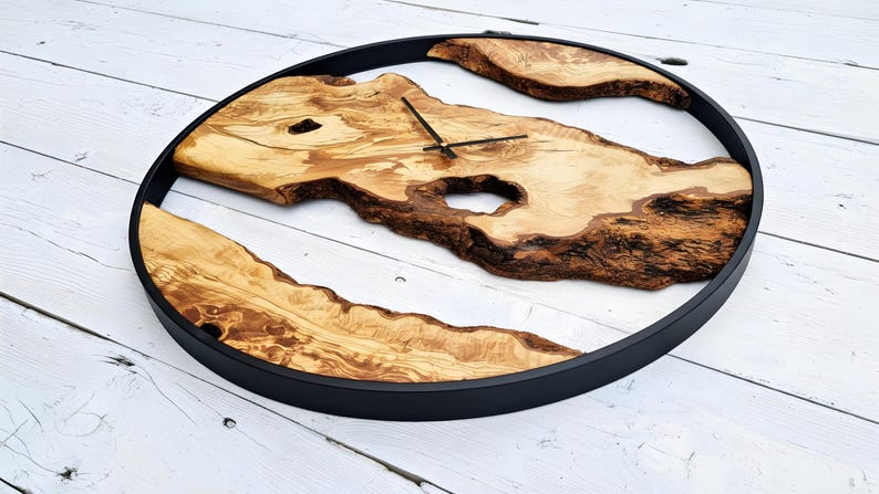 Large Live Edge Olive Wood Wall Clock, Black Metal Frame, Custom Rustic ...