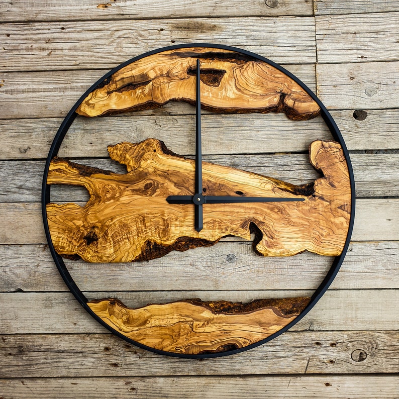Olive Wood Wall Clock With Metal Frame: Large Rustic Live Edge Art - Etsy