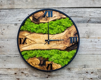 Moss Olive Wood Wall Clock, Clock For Wall, Wooden Wall Art, Large Wall Clock , Moss Wall Art, Wooden Wall Clock, Wood Wall Art