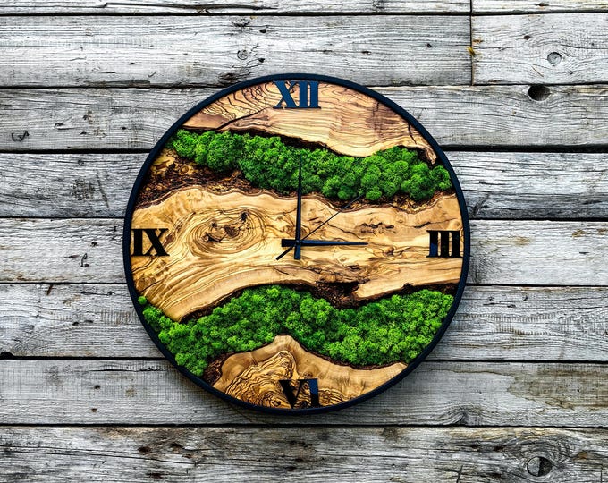 Custom Moss and Metal Wall Clock, Unique Olive Wooden Wall Clock & Moss Wall Art