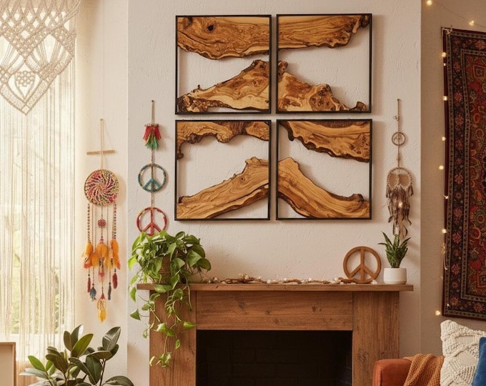 Olive Wood Wall Art | Set of 4 Metal Framed Live Edge Panels