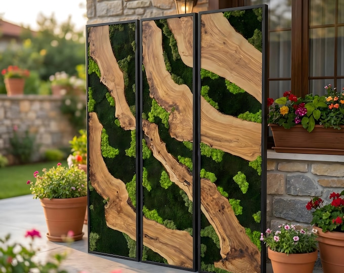 Large Olive Wood & Moss Wall Art Set, 3 Piece Triptych Live Edge Decor, Acoustic Sound Absorbing Panel, Luxury Biophilic Office Design