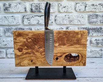 Porta cuchillos magnético, soporte para cuchillos de madera de olivo