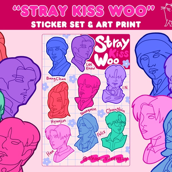 Stray Kids, SKZ "Stray Kiss Woo" Silhouette Sticker Set with Art Print, K-Pop Stickers, Korean Stickers, Kawaii Art