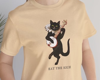 Funny Leftist shirt snarky socialist Eat the Rich anti-billionaire liberal protest joy Banjo cat Shirt (Unisex)