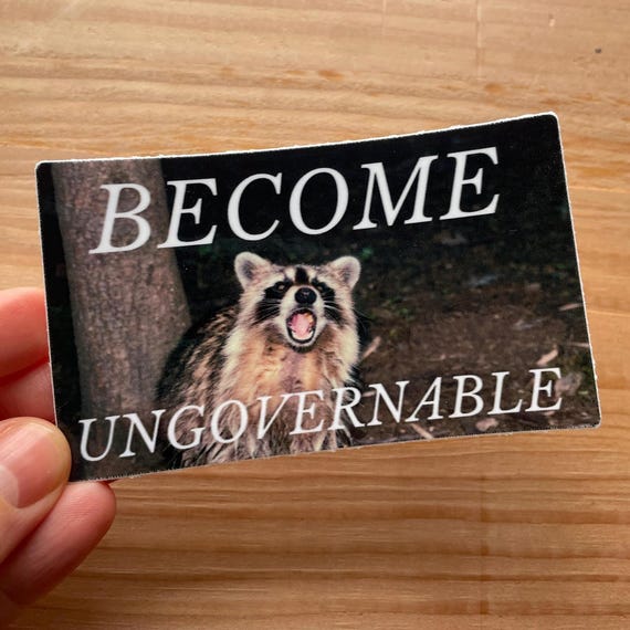 Unhinged raccoon sticker - become ungovernable, feral trash - 3" vinyl decal
