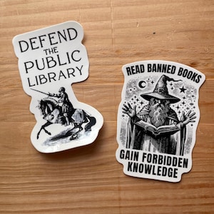 Library sticker set - read banned books - defend local libraries - litrpg wizard - waterproof vinyl decals