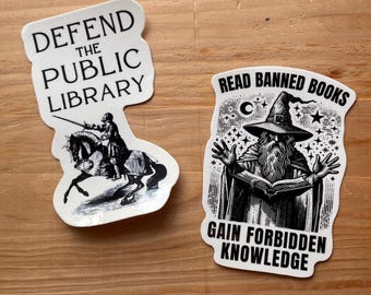 Library sticker set - read banned books - defend local libraries - litrpg wizard - waterproof vinyl decals