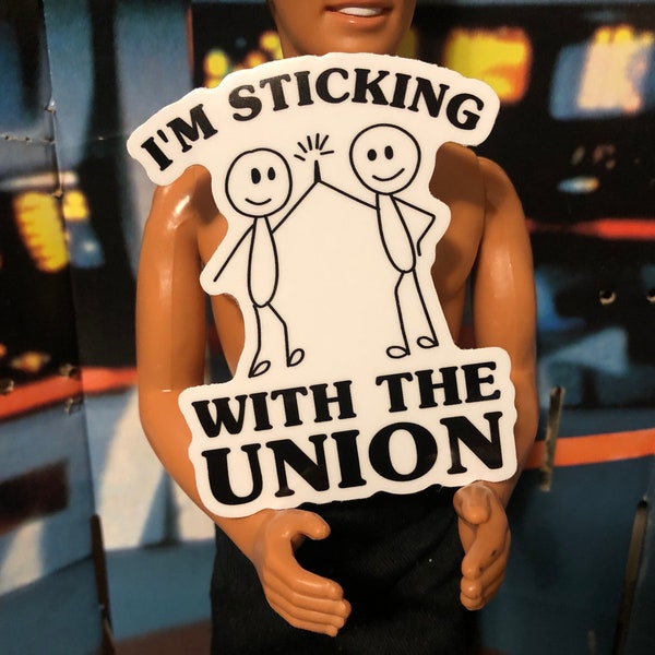 Sticking with the union strong stick figure high five leftist unionize general strike socialist worker solidarity Sticker