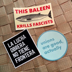 Stickers militants de gauche Démocratie pro-syndicale intersectionnelle internationale, interdiction des expulsions, lutte contre l'oligarchie, travailleurs antimilliardaires