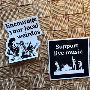 Pack d'autocollants musicaux Groupes locaux musiciens soutenant la musique live guitariste chanteur pop rock musicien bassiste batteur pack d'autocollants vinyle